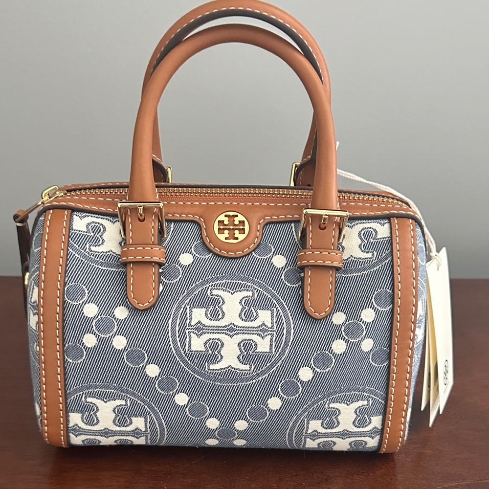 Tory Burch Denim Blue and Tan Satchel